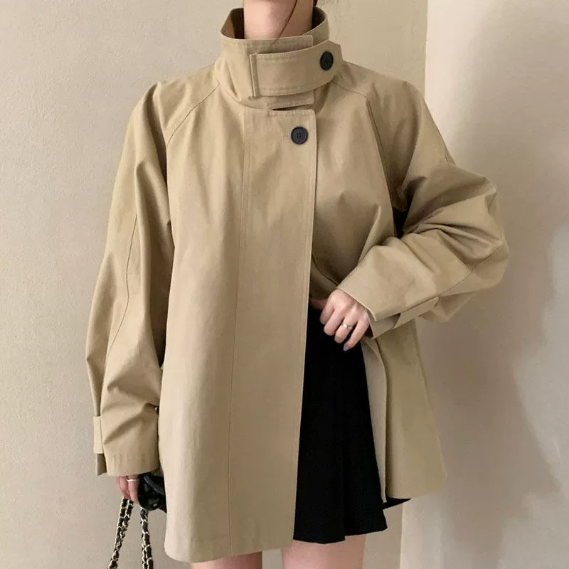 Плащ-одежда oversize в корейском стиле, длинный рукав, осень ретро повседневный, хаки (S–XL)