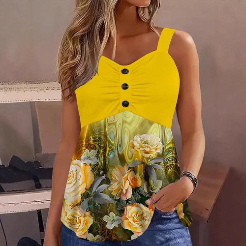 2025 European and American Summer Plus Size Patchwork Backless Casual Versatile Floral Print Cool Tank Top for Women