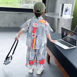 男童夏季衬衫长裤套装新款帅气时髦宝宝短袖衣服儿童两件套潮