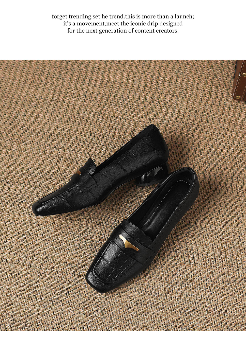 Giày loafer nữ da dê mũi vuông gót thấp kiểu cổ điển — đen chi tiết 16
