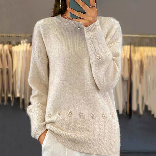Women's Autumn/Winter New Round Neck Solid Color Knit Top Up Retro Lace Hooded Sweater
