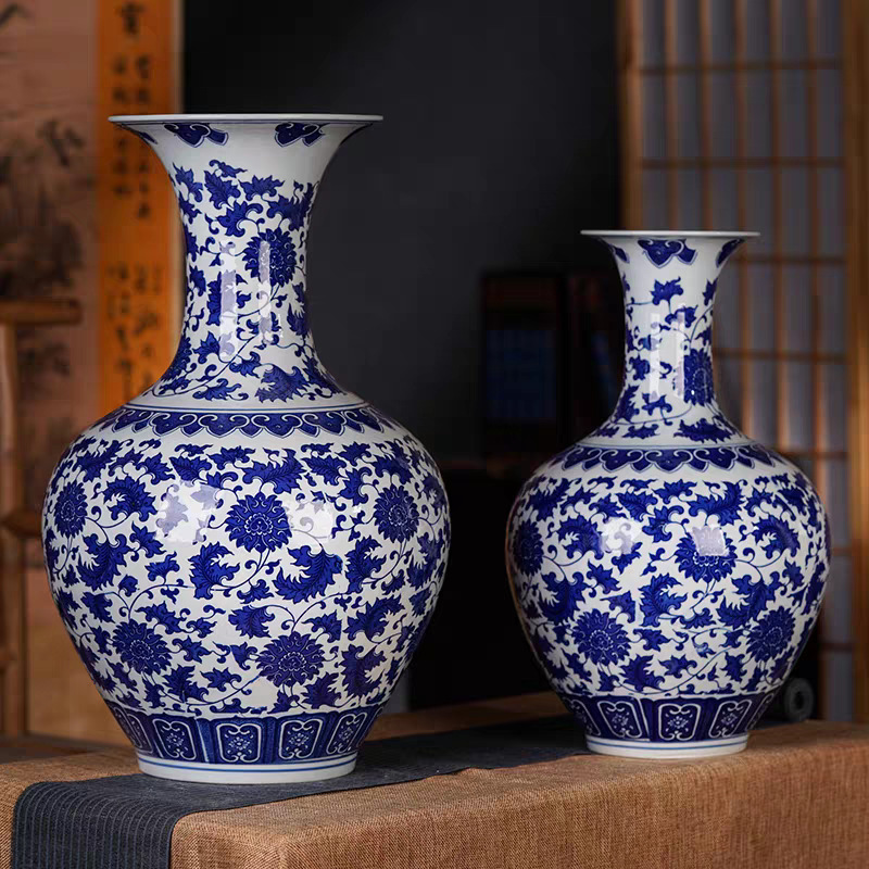 Jingdezhen 세라믹 공예 도매 파란색과 흰색 도자기 큰 꽃병 바닥 세라믹 꽃병 홈 패션 장식품