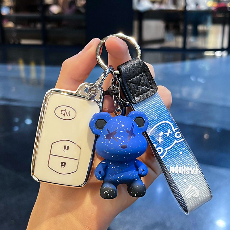 Toyota I-Smart 3 키 혼 [싱글 쉘 화이트] + 블루 폭력 곰 펜던트