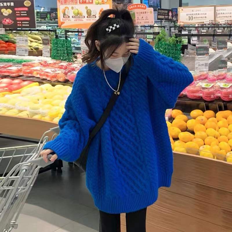 Lazy Style Quilted Klein Blue Knitwear Women's Autumn and Winter New Loose Slimming Look Pullover Knitwear Top