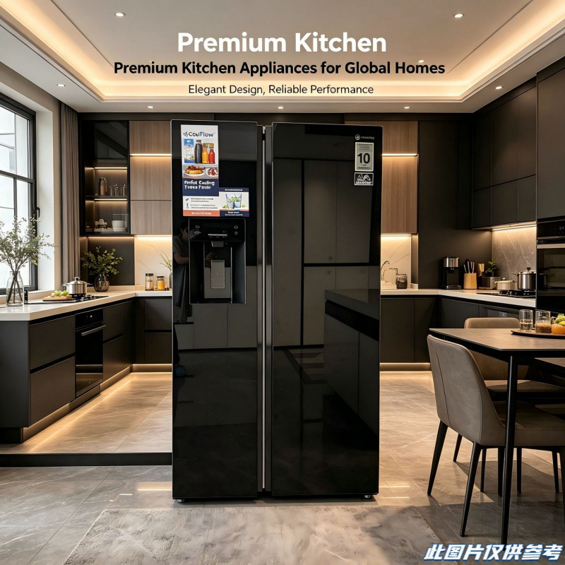 Cross-Border Export of Black Side-By-Side Refrigerators with Water Dispenser, Household Fridge, Large Capacity, Frost-Free, Inverter