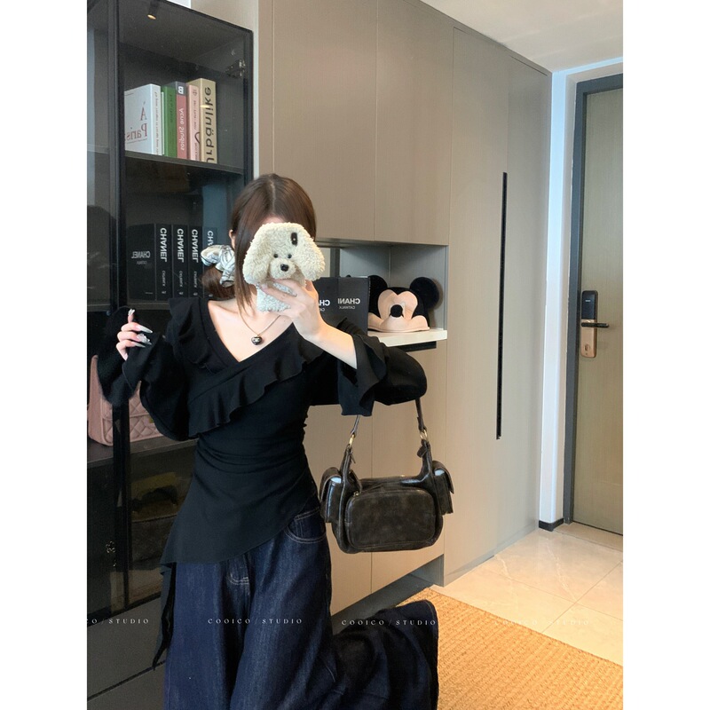 实拍2025秋装新款胖mm大码荷叶边V领长袖T恤辣妹不规则上衣80235|undefined