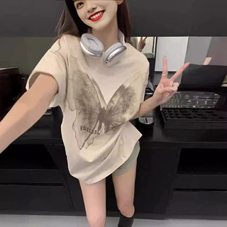 蝴蝶印花短袖T恤女新款夏季欧货大版美式复古中长款上衣宽松