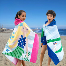 亚马逊沙滩巾欧美风情超细纤维儿童可穿涤棉吸水速干连帽浴巾披风