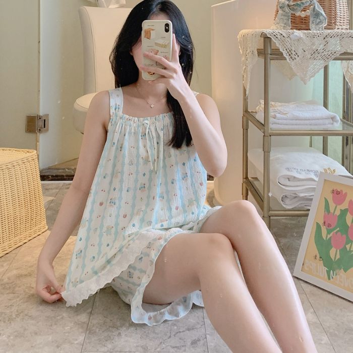 Venta al por mayor transfronteriza verano nuevo pijama mujer pantalones cortos sin mangas lindo estampado de dibujos animados espuma traje de encaje suave