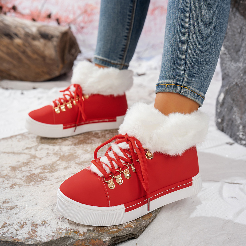 Cross-Border Large Size 2025 Round Toe Furry New Snow Boots European and American Thick Sole Front Lace-Up Women's Export Cotton Autumn and Winter