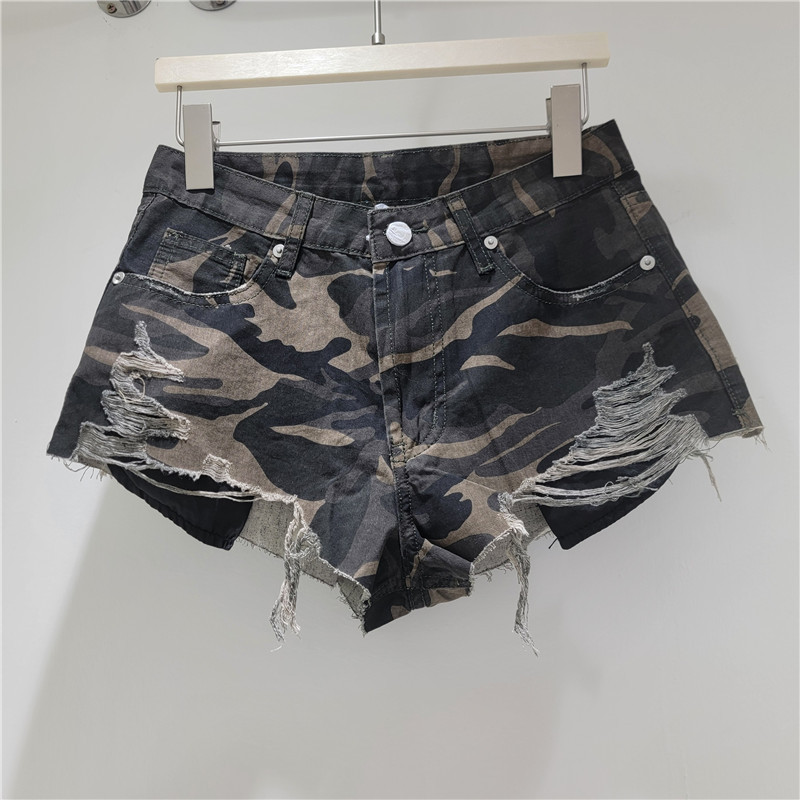 Shorts Cortos de Mezclilla con Camuflaje de Poliéster de Cintura Baja para Verano