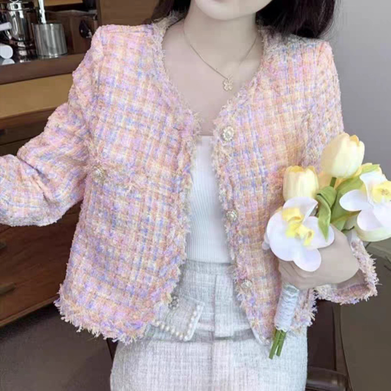 法式气质名媛小香风粉色粗花呢外套女早秋季高级感小个子短款上衣|undefined