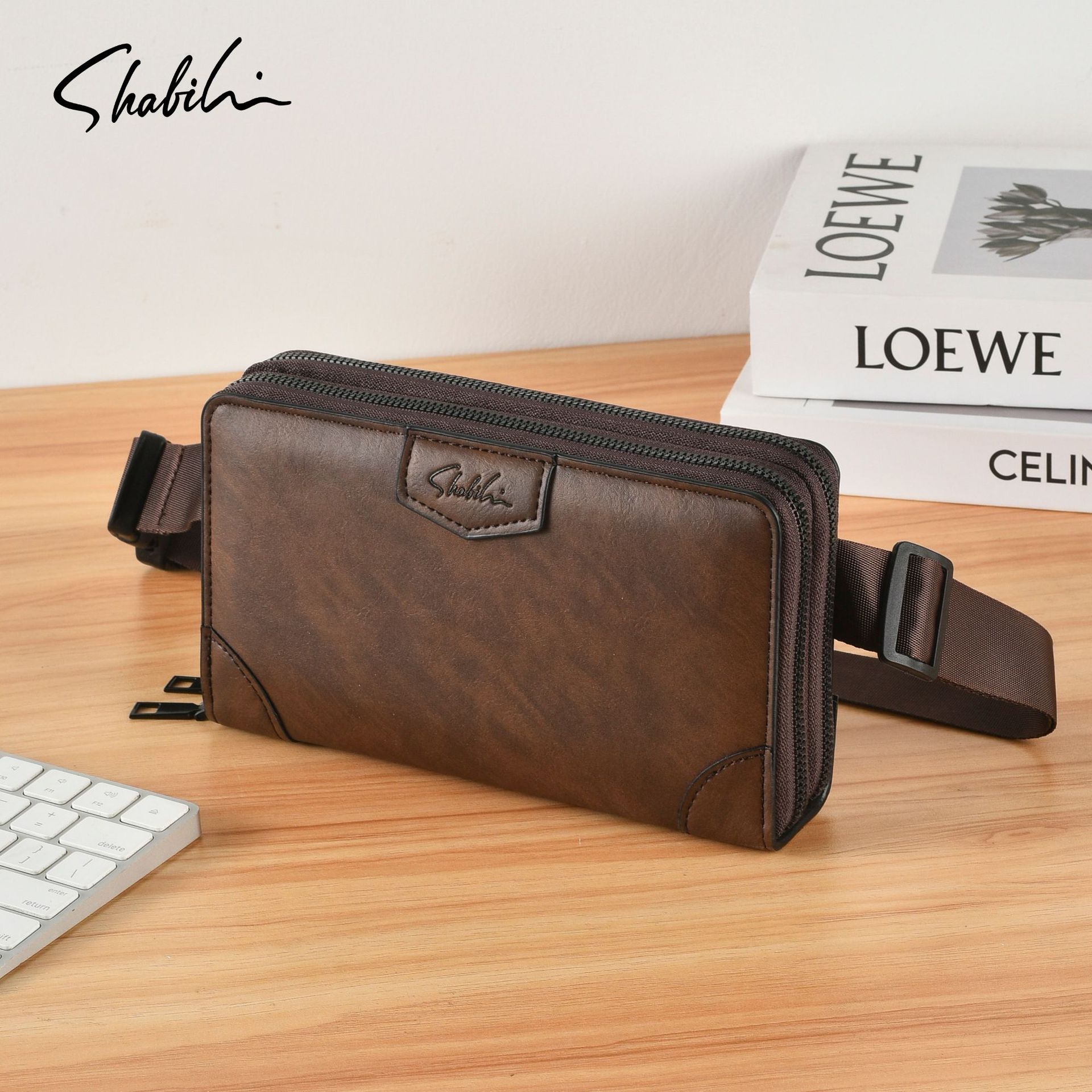 Cross-border men's dual-use waist bag, horizontal style, commuter double-zipper storage pouch, vintage distressed single-shoulder phone crossbody bag