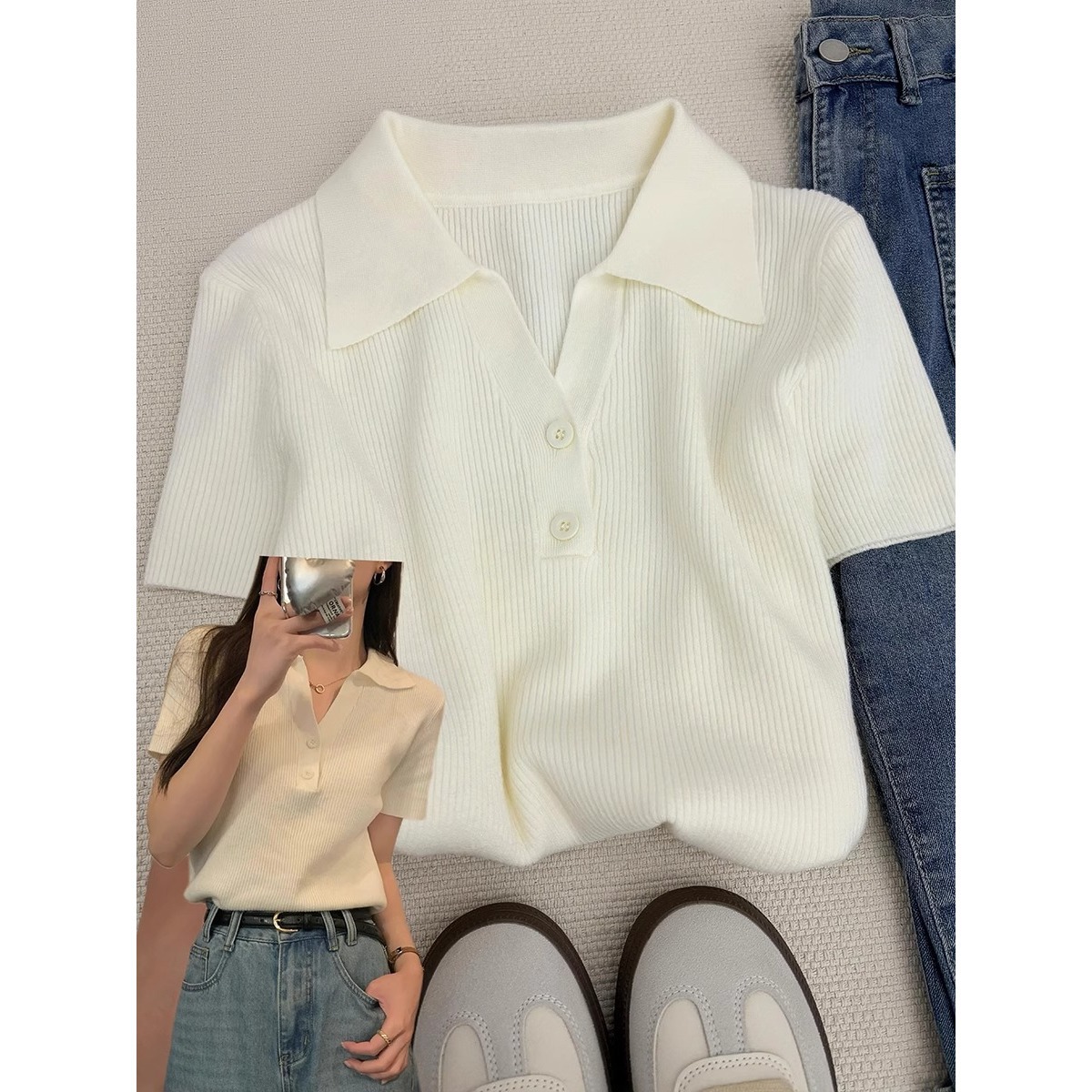 Thin Knitted Button-Down Polo Collar Top Summer Ice Silk Slimming Look Bottoming T-Shirt Pure Color Right Shoulder Pit Short-Sleeved Women