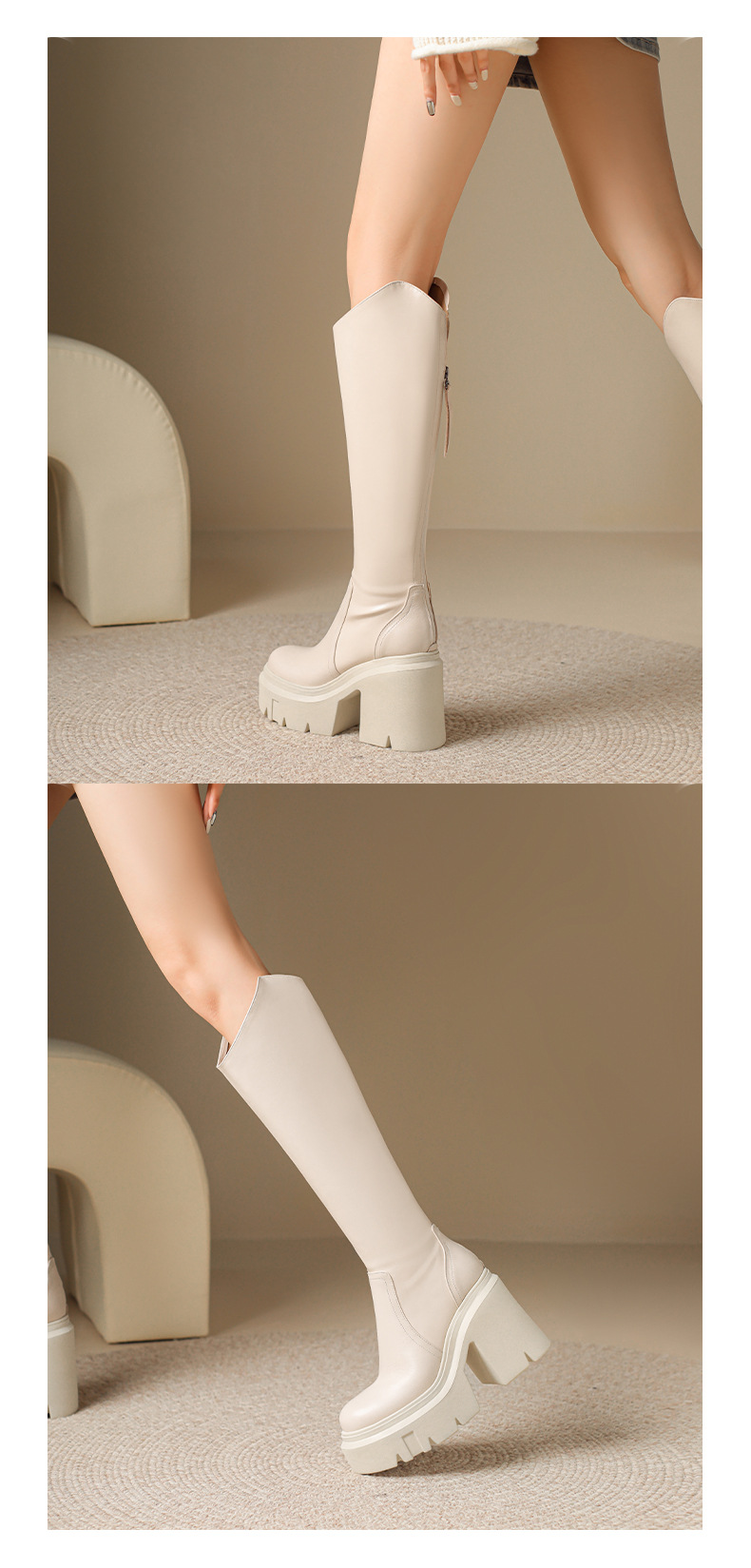Boot nữ cổ cao da thật đế dày 12 cm gót vuông phong cách Anh quốc kéo khóa sau — Lót nhung đen chi tiết 2