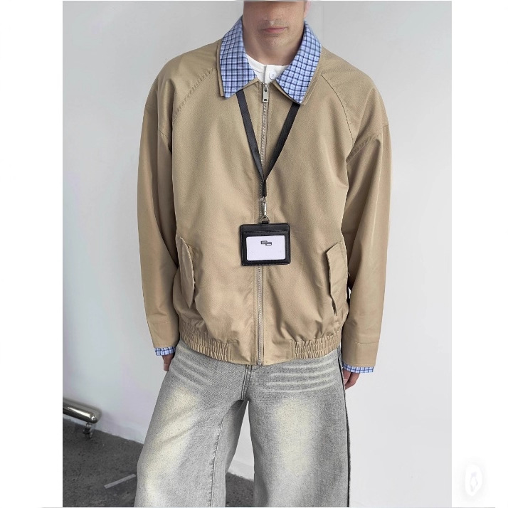 跨境美式复古撞色格子拼接假两件外套男春季巴恩风夹克上衣情侣潮