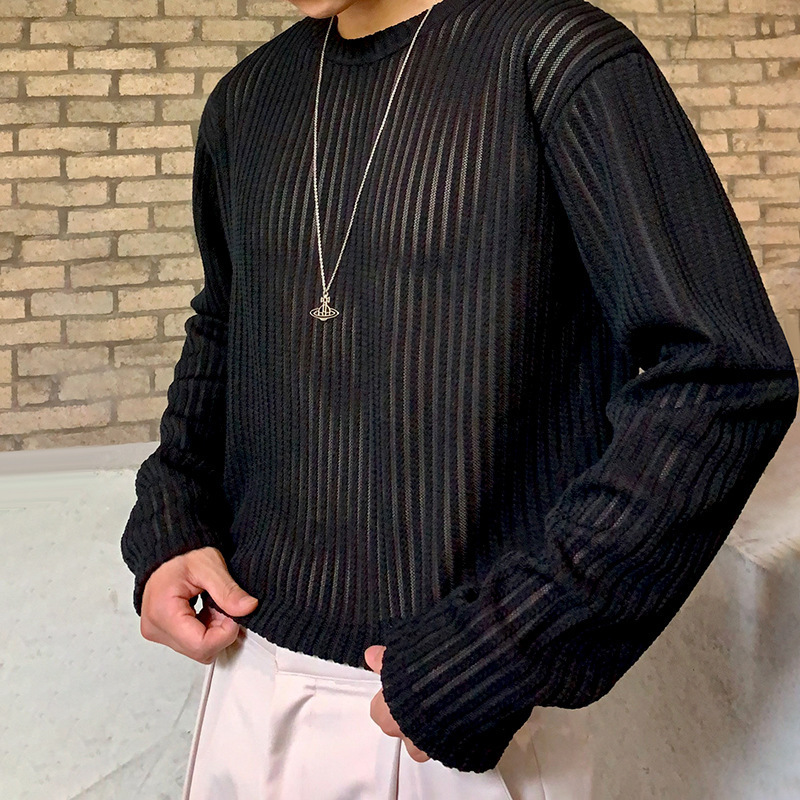 MYQ Men's Thin Knitted Shirt Pure Cotton Long-sleeved T-shirt Men's Inner T-shirt Loose Top Black and White Base Shirt Trendy MYQ Men's Thin Knitted Shirt Pure Cotton Long-sleeved T-shirt Men's Inner T-shirt Loose Top Black and White Base Shirt Trendy