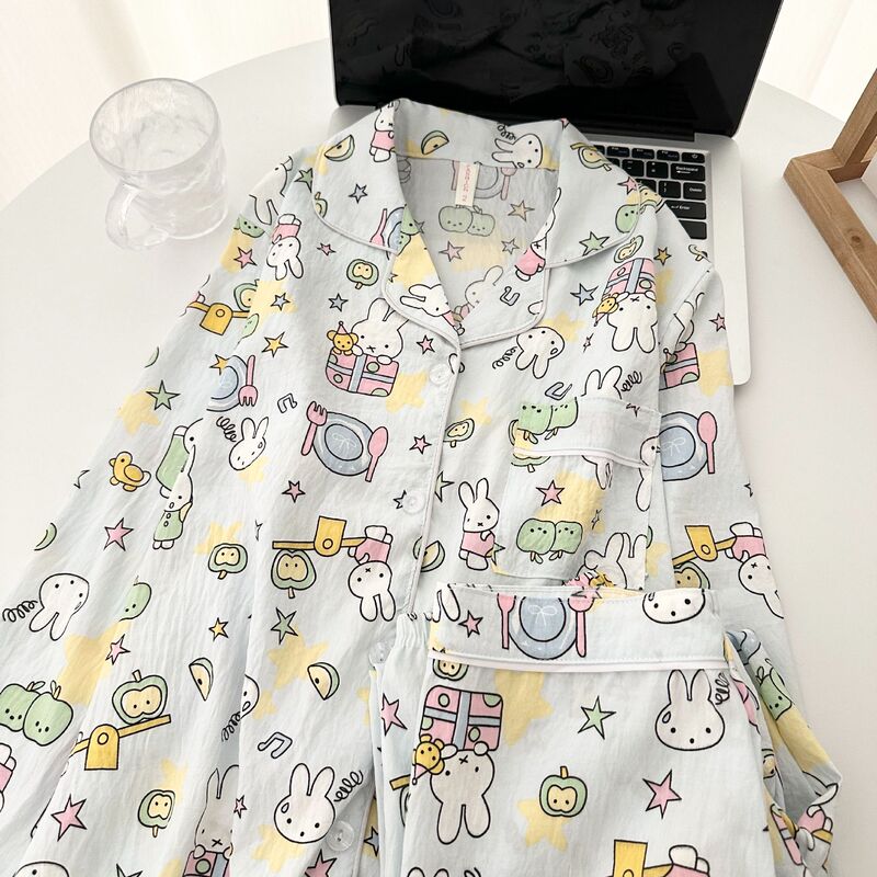 云朵棉睡衣女春秋季薄款小狗卡通波点开衫长袖宽松大码家居服套装|undefined