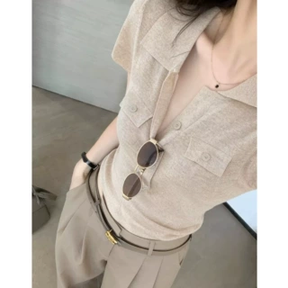 老钱风气质v领针织短袖T恤女夏季2026新款修身显瘦polo衫正肩上衣
