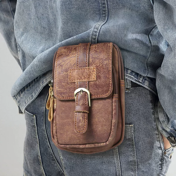 Cross-Border Mobile Phone Waist Bag Outdoor Leisure Wear Belt Waist Hanging Genuine Leather Mobile Phone Bag Men's Nubuck Leather Retro Small Waist Bag