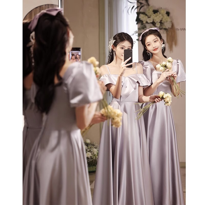 Bridesmaid Dress 2024 new summer satin high-grade wedding Sisters Group dress female gray purple host performance dress