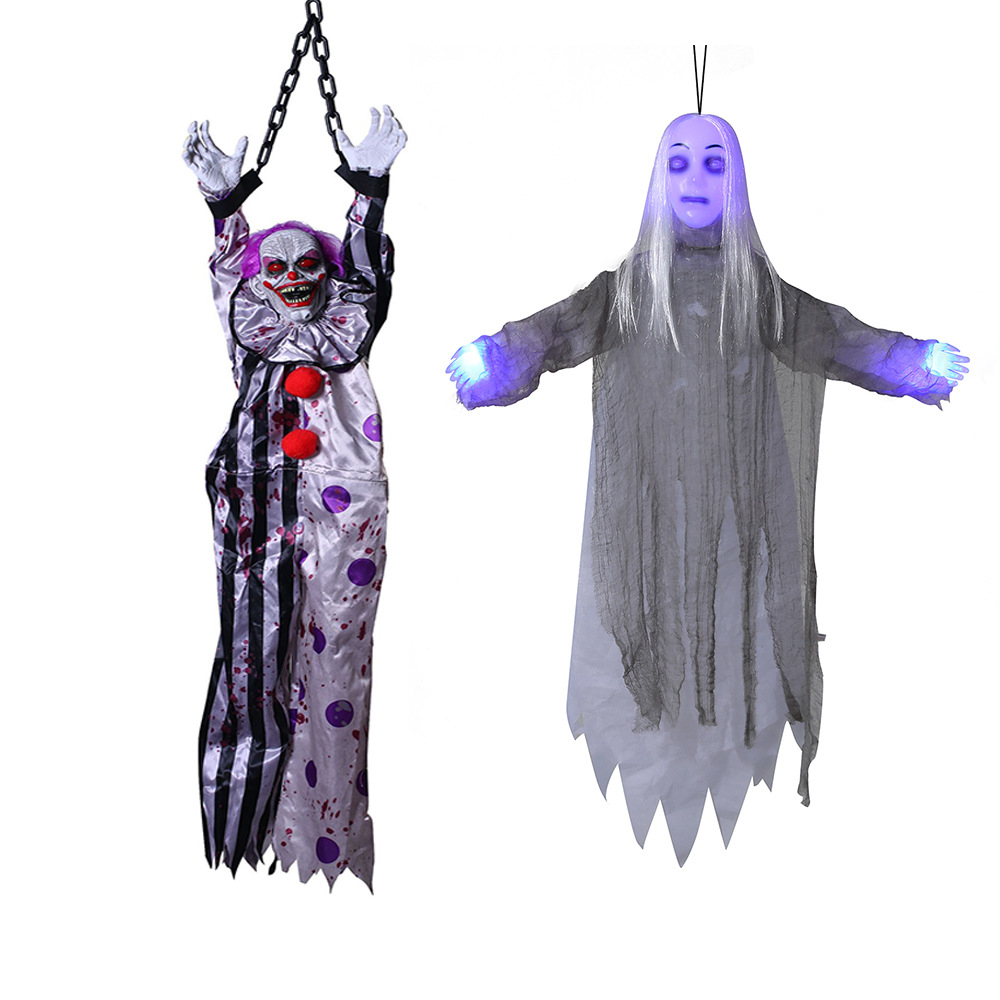 Halloween control de voz eléctrico fantasma de cabello blanco brillante clown cadenas colgando fantasma habitación secreta decoración de fiestas accesorios