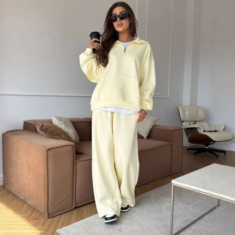 European and American Cross-Border Casual Women's Cotton Suit Zipper Lapel Pullover Sweatshirt Lace-Up Straight Wide-Leg Pants Two-Piece Set