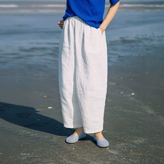 夏季新款 舒适百搭清爽纯亚麻显瘦微锥白色休闲裤女