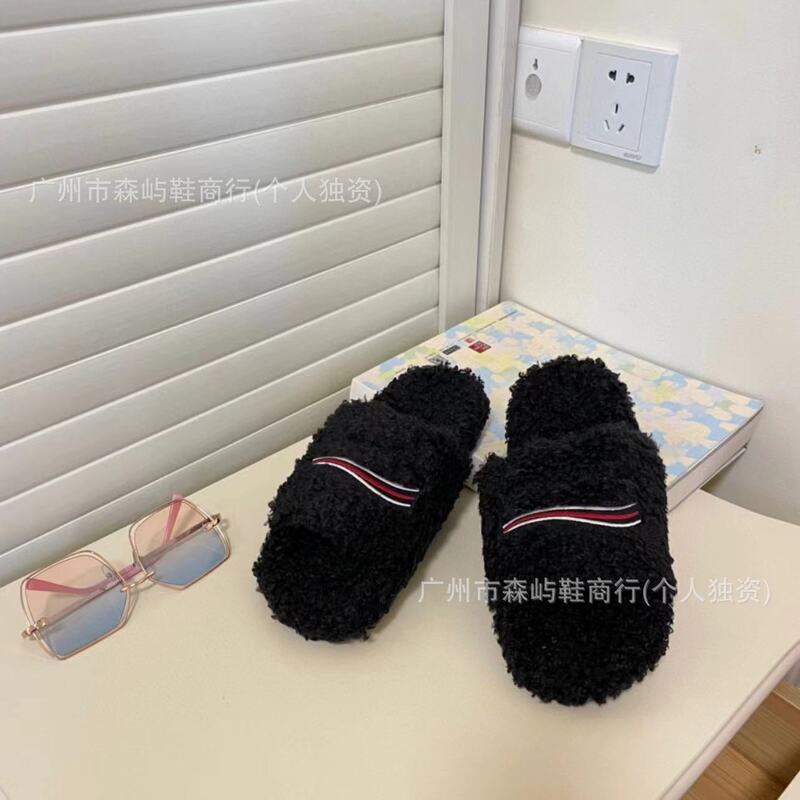 高バージョンパリファーリングスリッパ女性のアウターレター刺繍厚底ラムウール秋冬フラットスリッパ|undefined