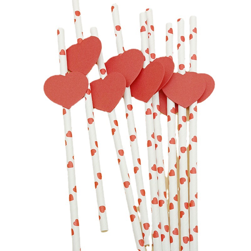 Paja de papel desechable creativo Día de San Valentín amor en forma de corazón paja para hornear pastel decorativo plug-in té con leche