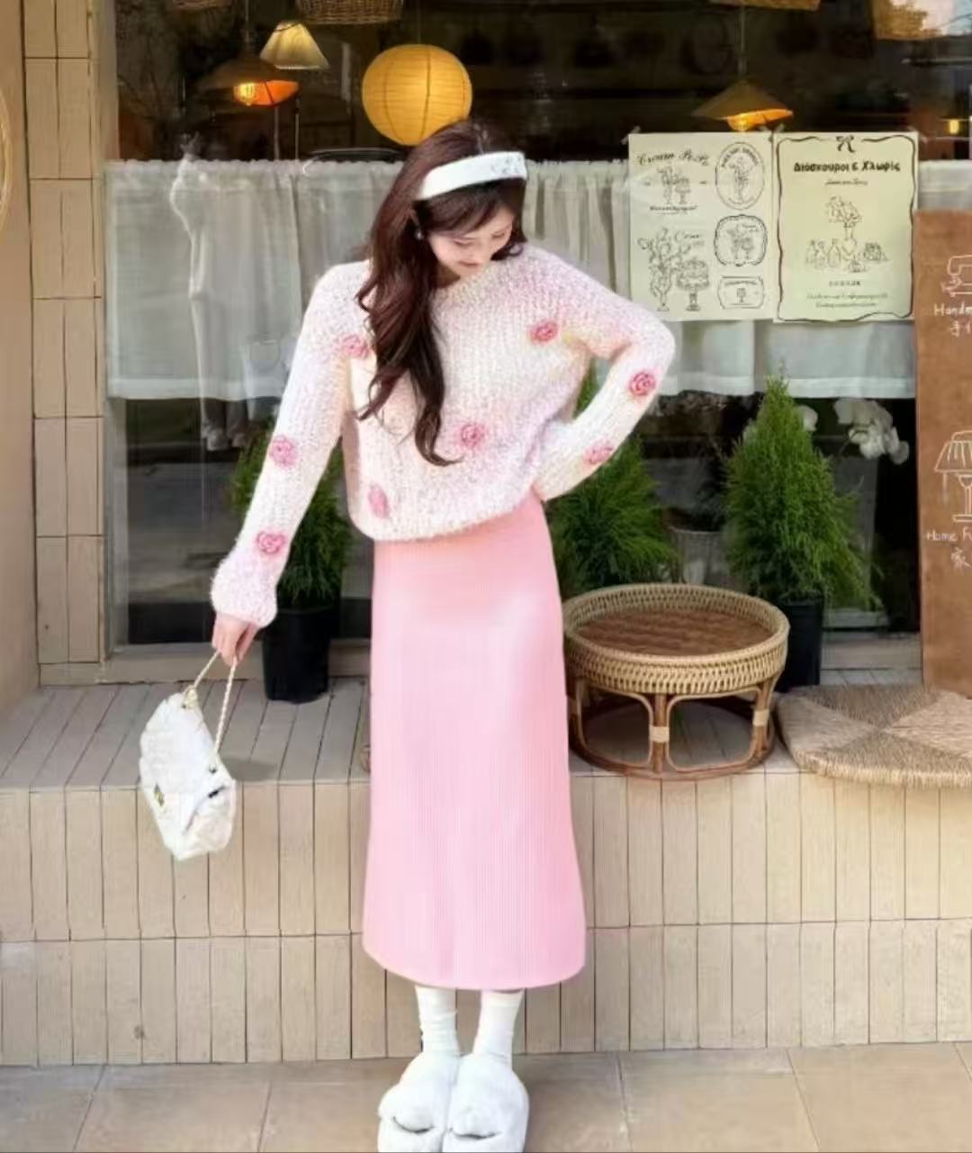 Suéter de Punto con Flores para Mujer de Poliéster con Cuello Redondo para Otoño e Invierno