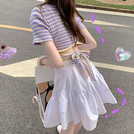 大码胖妹妹泫雅风露背bm上衣夏2026新款蝴蝶结绑带条纹短袖t恤女