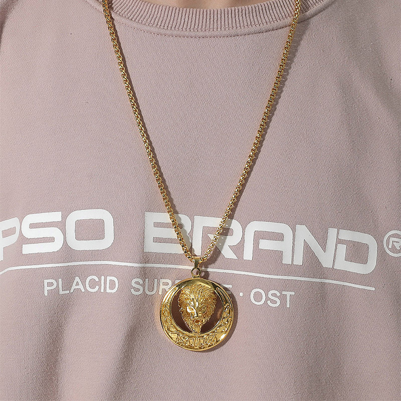 Fashion sun lion head pendant titanium steel necklace