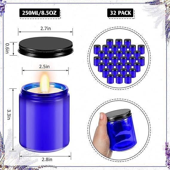 Blue 250ml Glass Candle Jar with Lid for Aromatherapy DIY Candles - Sealed Jar, Glass Container