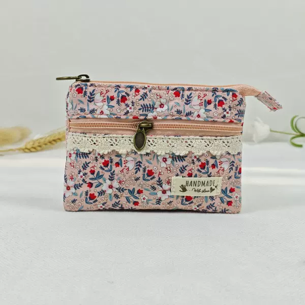 Fresh Pastoral Style Floral Double-Pull Printed 4-Layer Cotton Coin Purse Girls Coin Bag Key Id Bag Card Bag