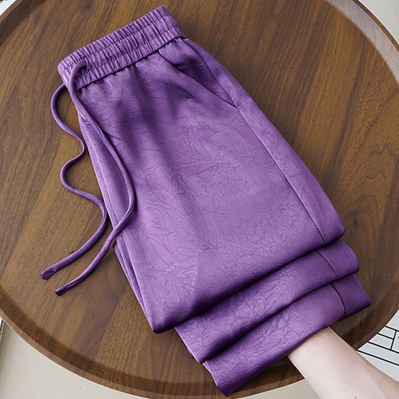 Nuevos pantalones chinos de hielo, pantalones de piernas anchas para mujeres 2025, nuevos pantalones delgados de cintura alta en relieve de estilo nacional de verano, pantalones casuales
