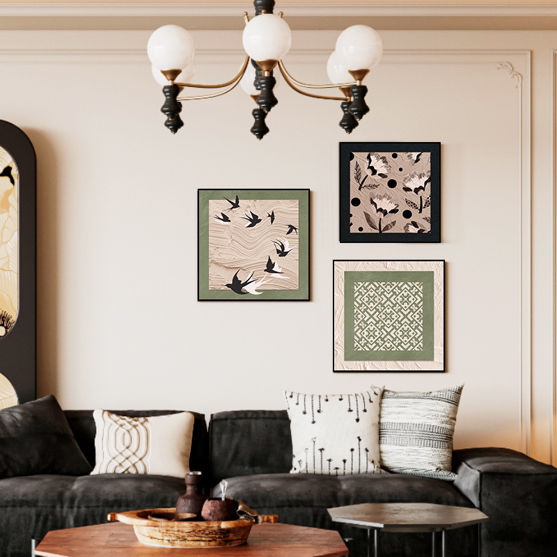 Estilo medio, pintura decorativa francesa, sala de estar, sofá, pared de fondo, arte de nicho, estilo retro, pintura combinada de jardín de Jaipur