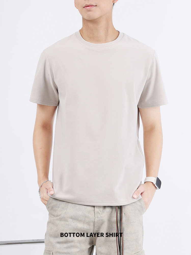 Lujo ligero de lujo alto sentido primavera y otoño de manga corta de cuello redondo adolescente de tern bajo camisa de fondo de hombre blusa de color sólido hombre
