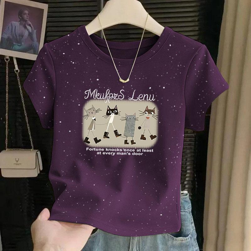 Pure Cotton Korean Style Starry Sky Short-Sleeve Round Neck T-Shirt for Women, Chic 2026 Summer Short Style, Shiny Versatile Print Pure Cotton Korean Style Starry Sky Short-Sleeve Round Neck T-Shirt for Women, Chic 2026 Summer Short Style, Shiny Versatile Print