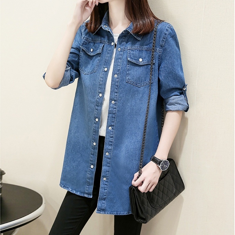 Denim Shirt Women's Long-sleeved Spring and Autumn New Mid-length Slim-fit plus size Loose Student Shirt Women's Cotton Jacket