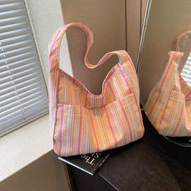 时尚休闲竖条纹大容量布袋2024夏季新款手提便当袋收纳袋手拎包