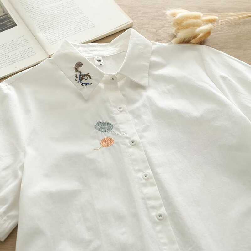 2025 summer new cartoon cat fox embroidery solid color ladies short sleeve shirt wholesale tide cotton shirt