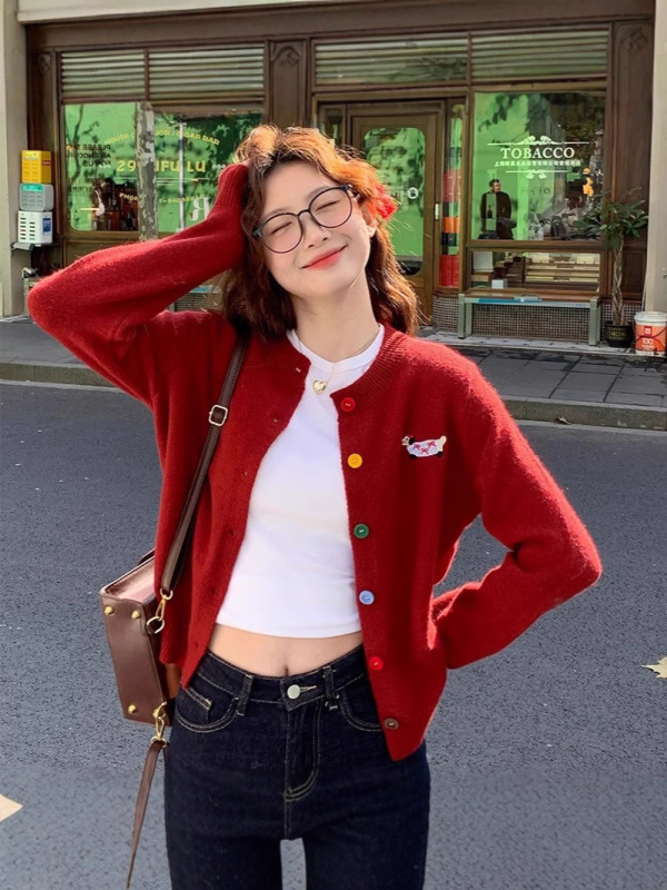 红色刺绣针织打底开衫女外套2025早秋新款短款毛衣外搭圆领上衣|undefined