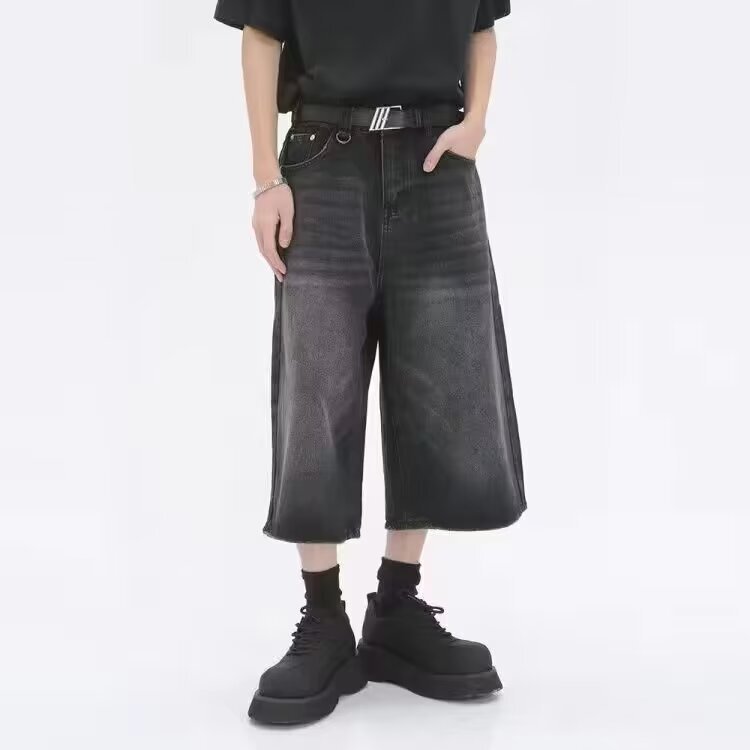 Cross-Border Retro Denim Shorts Unisex Style Wide Leg Capri Retro Street Summer Women's High Waist Loose