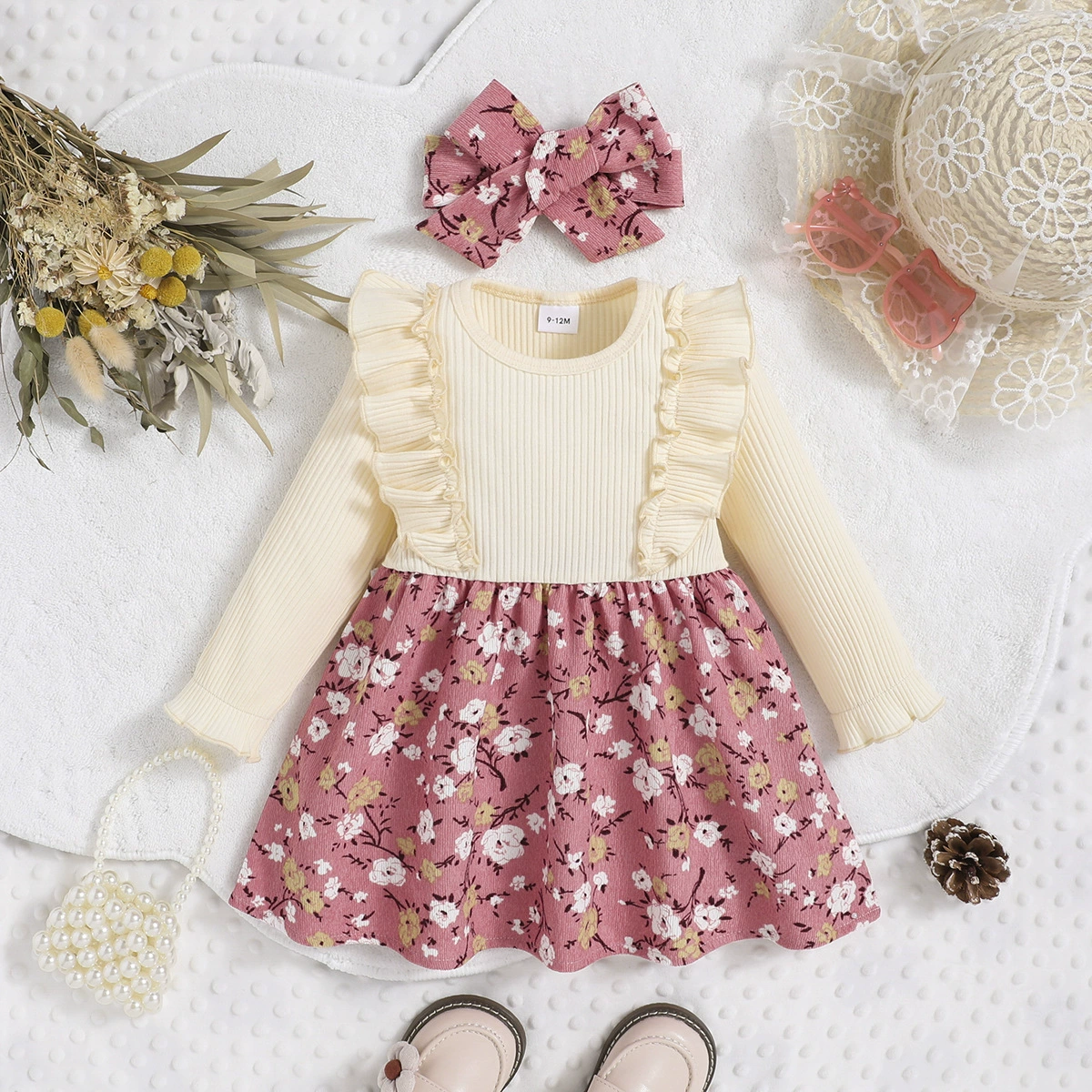 Autumn children's dress, scarf, children's clothing, flowered