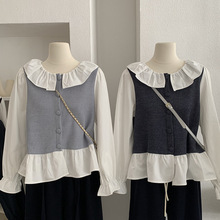 欧玛莱 荷叶边领撞色假两件长袖衬衫女秋冬新款单排扣上衣潮 5734