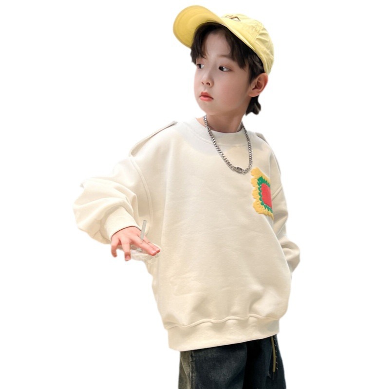 Detské oblečenie, chlapčenské oblečenie, biela mikina, jar a štýly, nové topy 2024, stredná až veľká detská jeseň_voghion.com
