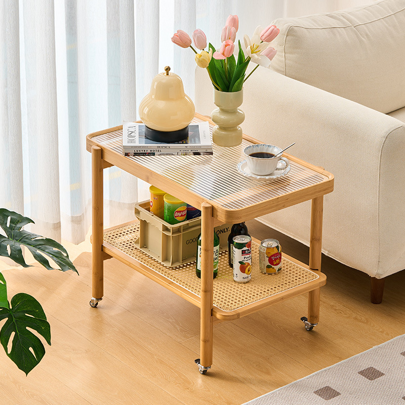 Sala de estar, sofá móvil, mesa lateral, carrito de vidrio japonés, estante de ratán, armario lateral de madera maciza, mesa pequeña en el balcón