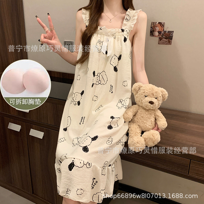 Pijama de cabina para mujeres polvo de cereza de verano algodón trenzado cojín de pecho pijama largo viento rojo de primavera y verano ropa para el hogar