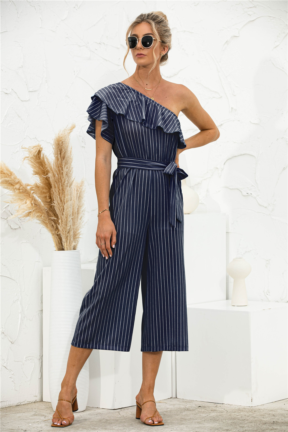 Oblique Shoulder Ruffles Striped Jumpsuit - Jumpsuits & Rompers - Uniqistic.com